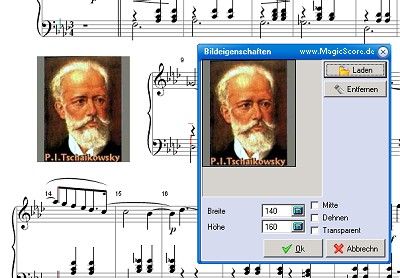 MagicScore zum Noten schreiben am PC! You can add images in BMP, GIF or JPEG formats. You can set the scaling and image alignment properties in the options.