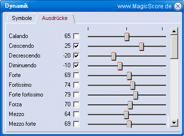 MagicScore zum Noten schreiben am PC! MagicScores Liste der musikalische Anweisungen ermöglicht nicht nur eine schnelle Eingabe, sondern auch die Möglichkeit, das Tempo und die Dynamik Ihres Musikstückes zu bestimmen.