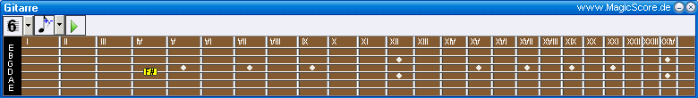 MagicScore zum Noten schreiben am PC! Guitar players will find the virtual guitar deck from MagicScore Maestro a useful tool for entering chords. MagicScore stellt ein Virtuelles Keyboard und auch ein virtuelles Gitarrengriffbrett für die Noteneingabe zur Verfügung. Dabei lässt sich das Griffbrett umstellen, so dass die verschiedensten Griffbretter und auch unterschiedliche Stimmungen zur Verfügung stehen