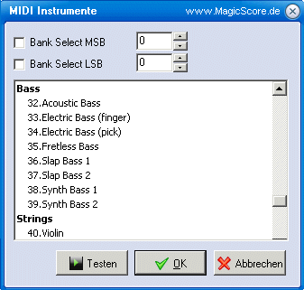 MagicScore zum Noten schreiben am PC! Midi Instruments - MIDI-Instrumenten-Auswahl