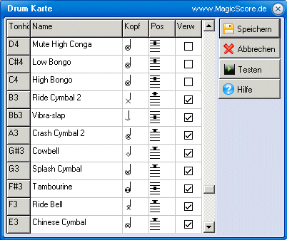 MagicScore zum Noten schreiben am PC! Drum notation - Schlagzeug-Notation - Auswahl und Einstellungen für das komplette Drumset